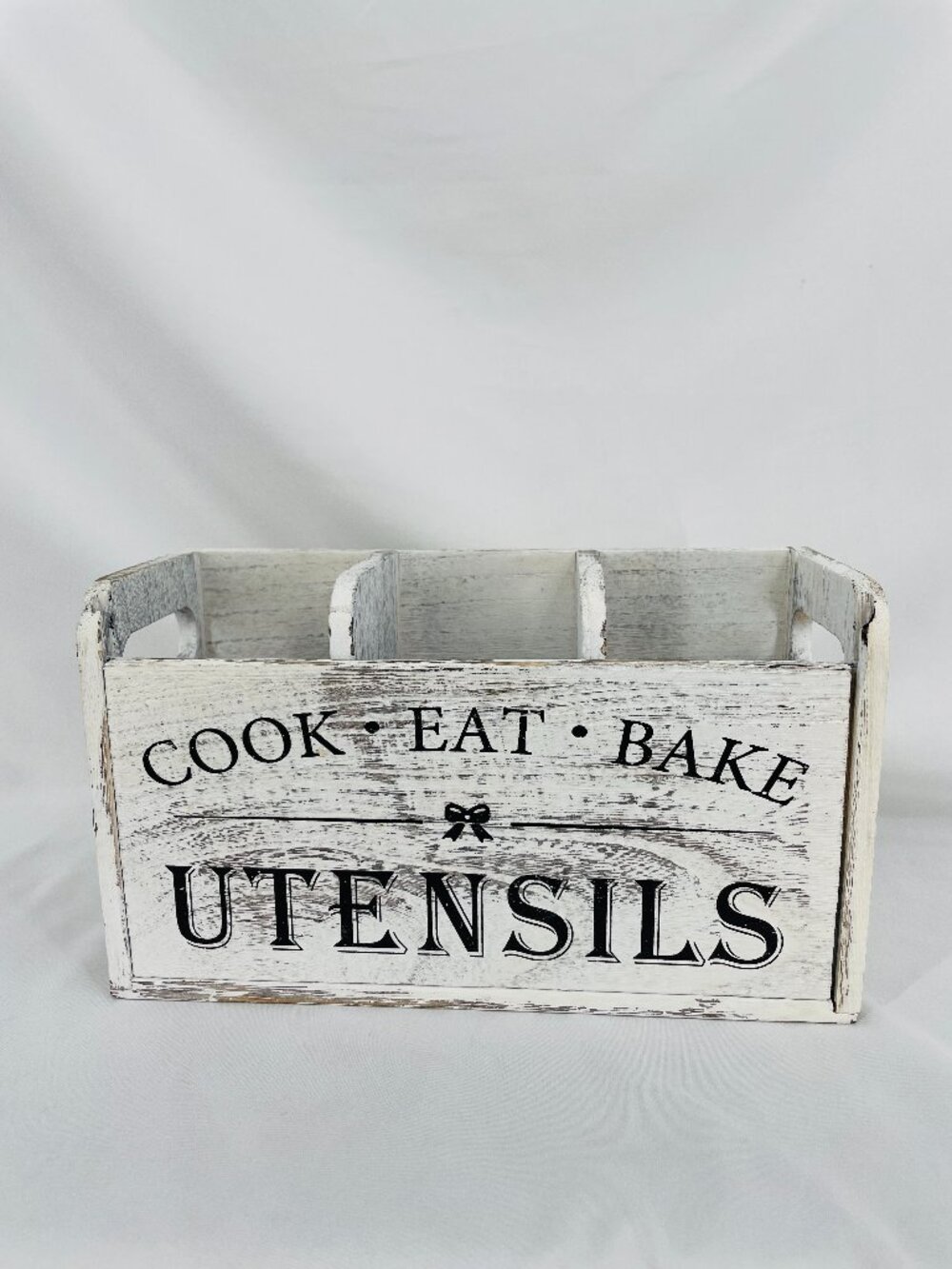 White Rustic "Cook Eat Bake Utensils" Wooden Caddy Organizer